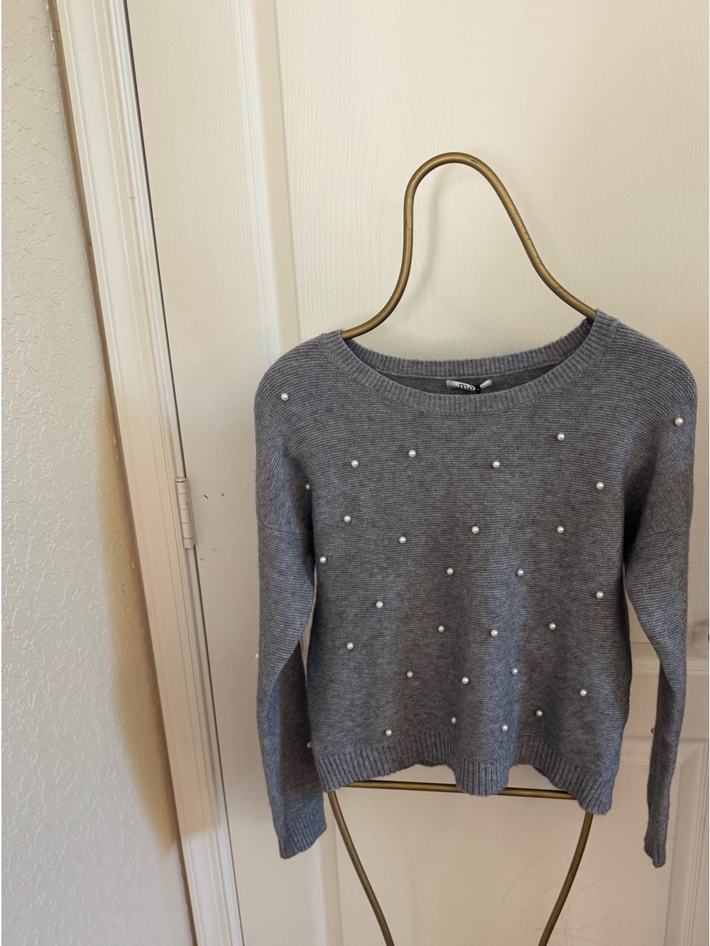 MEY Gray Pearl-Accent Crewneck Sweater